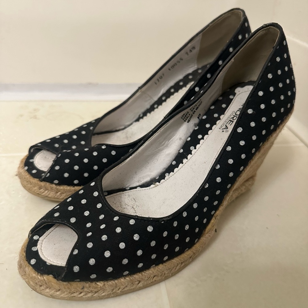 Andrea Black and White Polka Dot Wedges